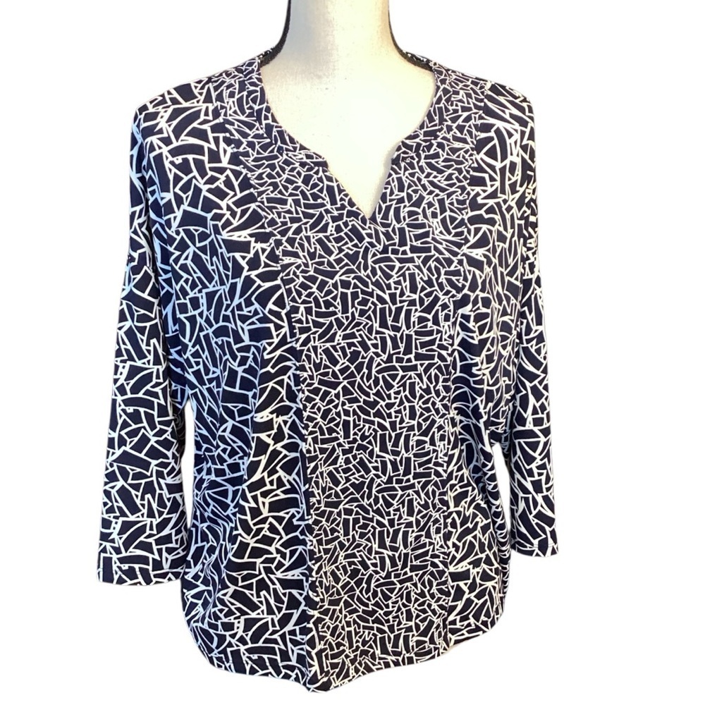 Liz Claiborne Petite Navy White‎ Split V Neck Pullover Blouse, Size Large Slinky